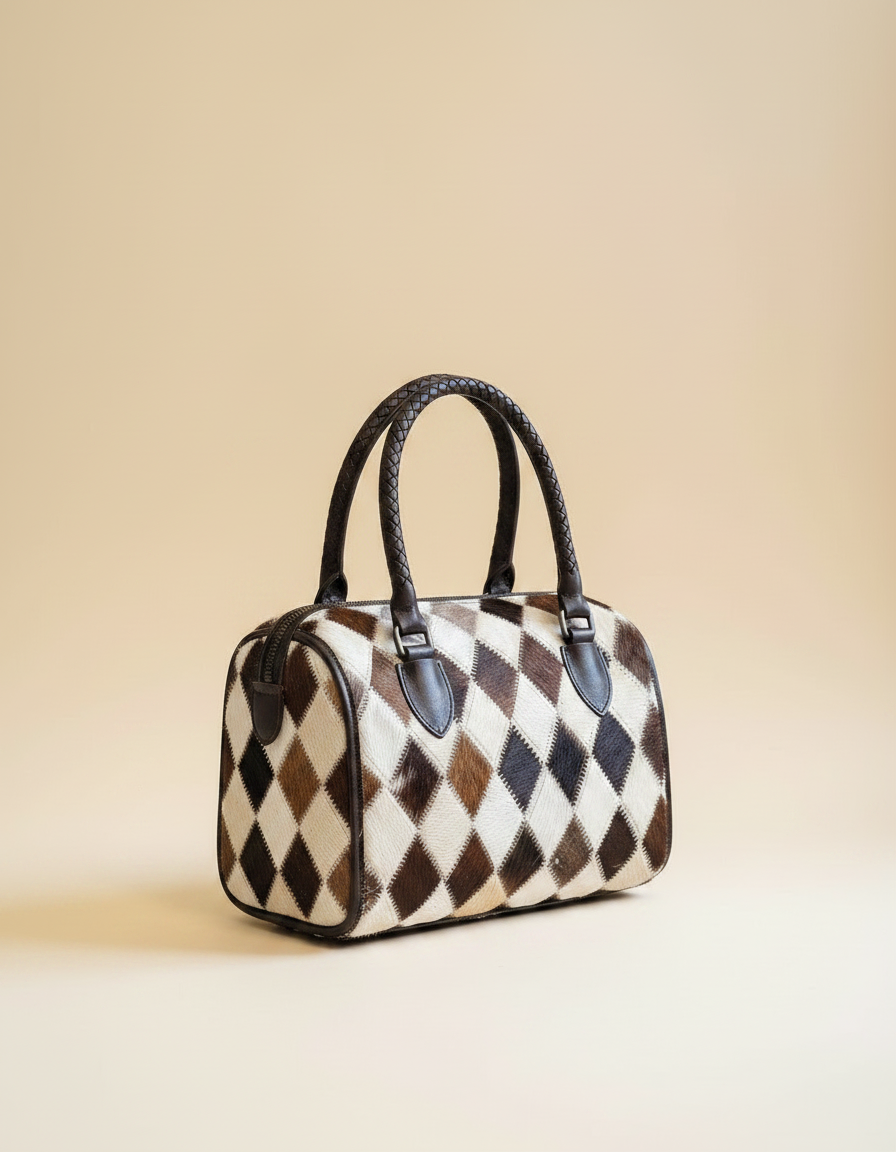 Brown and white hair-on cowhide diamond barrel bag, detail close-up, by Ya Qalbi