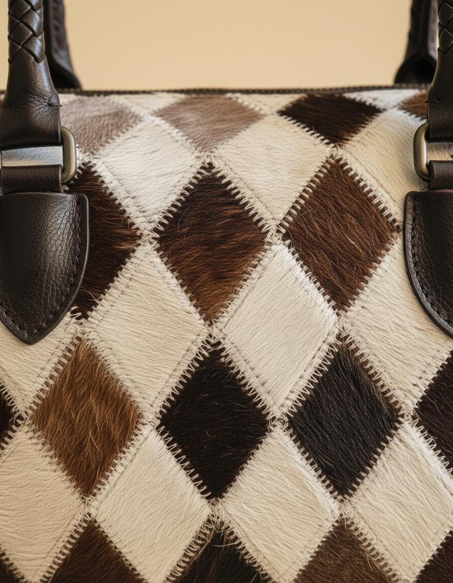 Brown and white hair-on cowhide diamond barrel bag, detail close-up, by Ya Qalbi