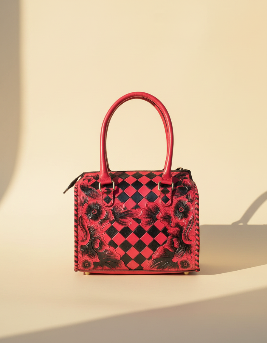 Red and black checkerboard floral hand-tooled barrel bag, front view, by Ya Qalbi