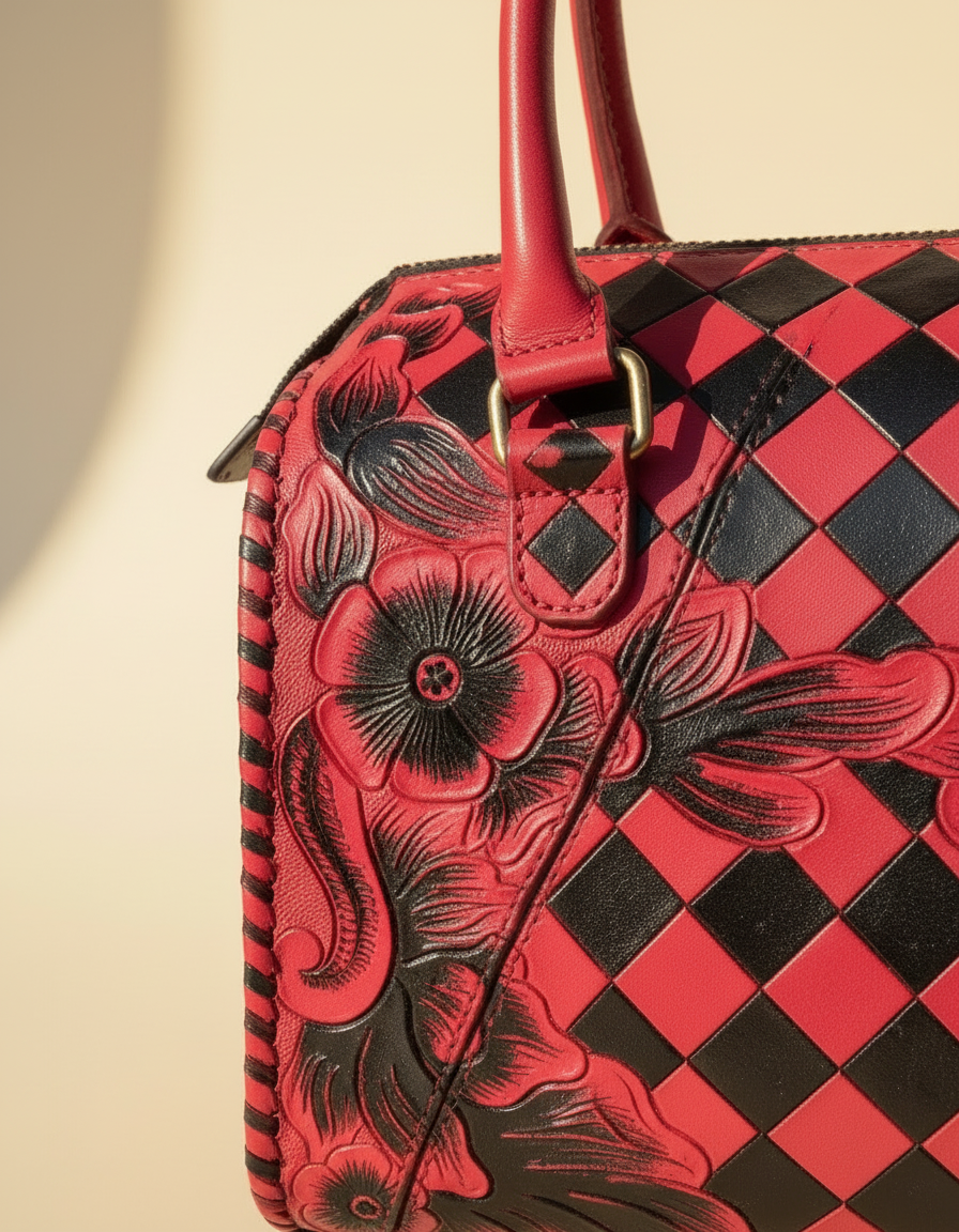 Red and black checkerboard floral hand-tooled barrel bag, detail close-up, by Ya Qalbi