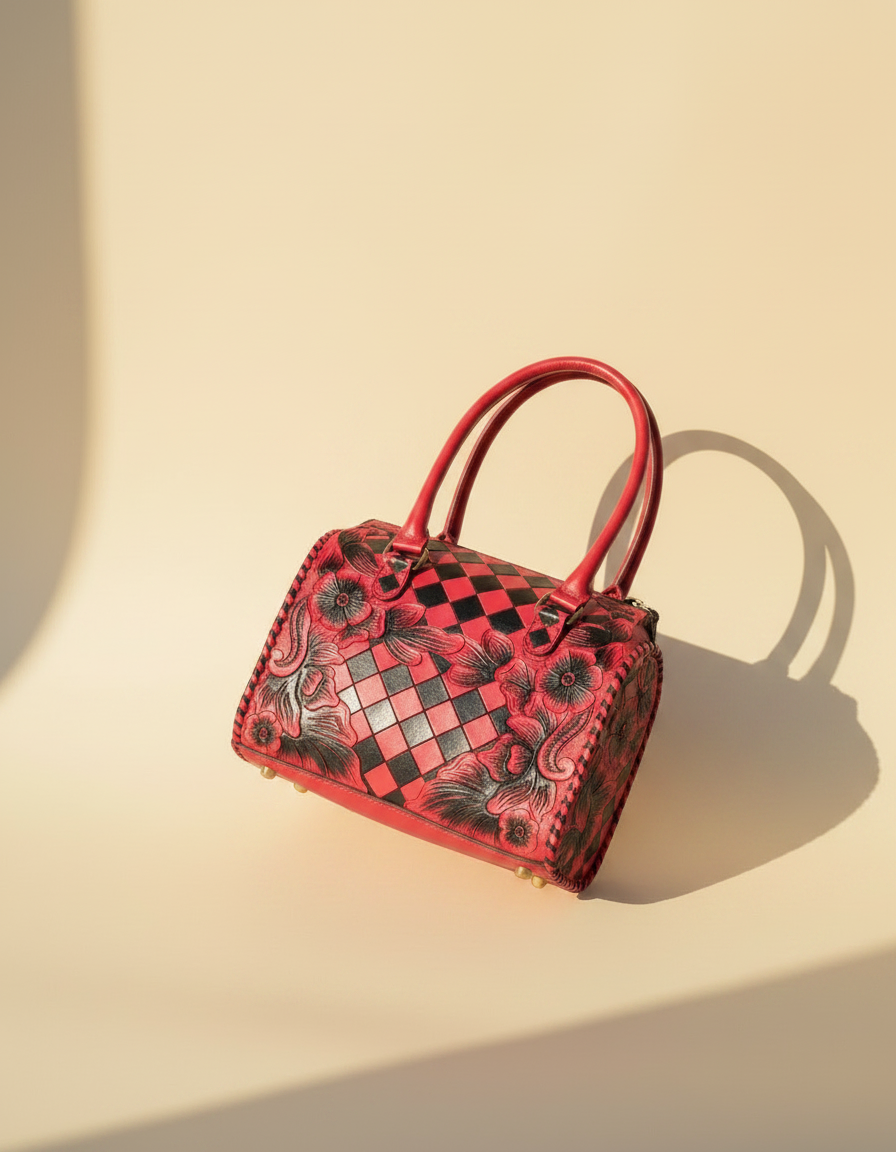 Red and black checkerboard floral hand-tooled barrel bag, detail close-up, by Ya Qalbi