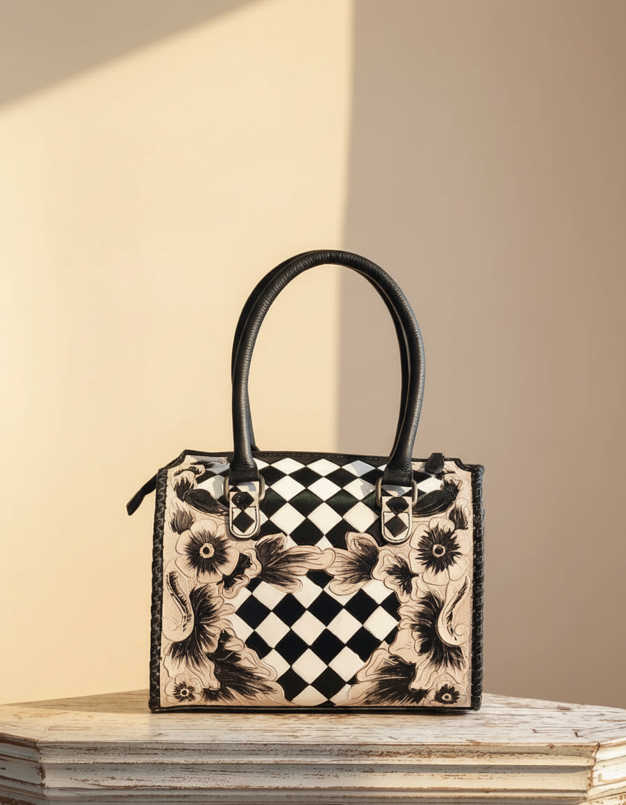 Black and white checkerboard floral hand-tooled barrel bag, front view, by Ya Qalbi