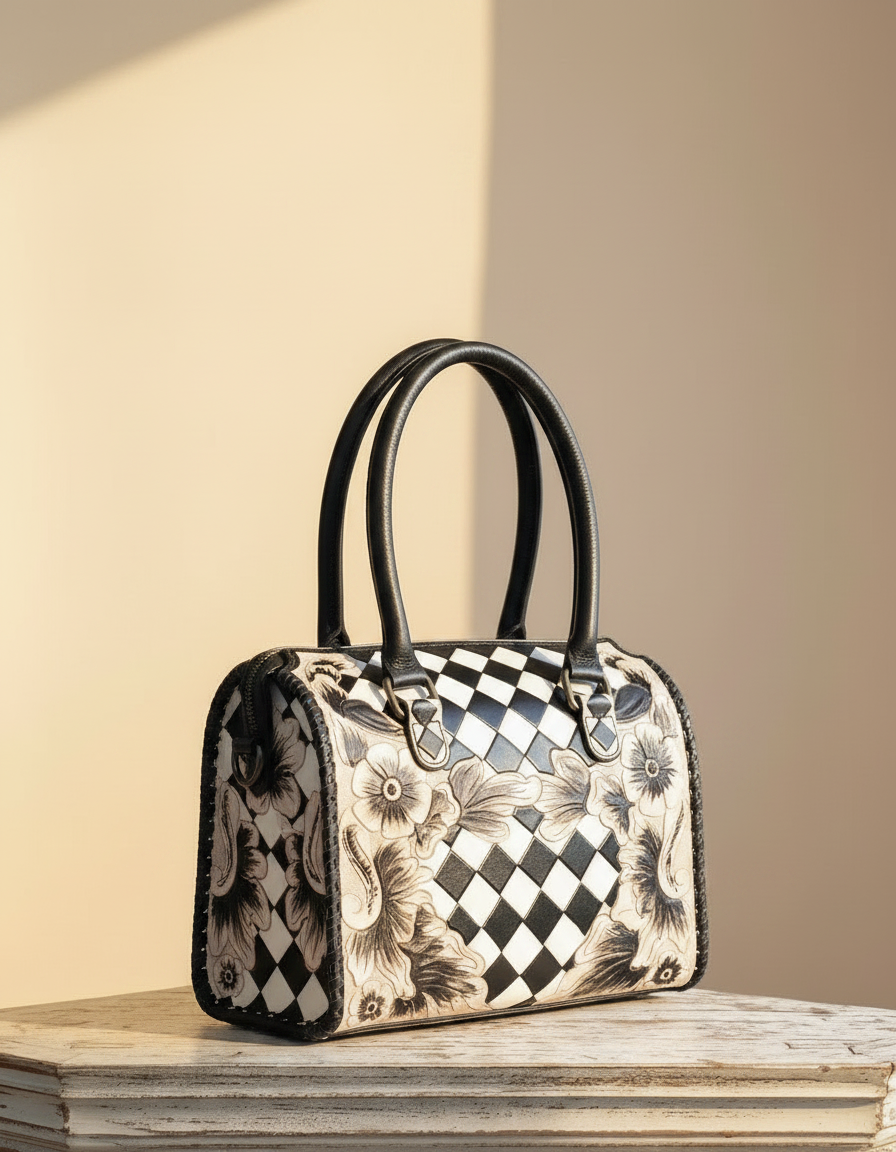 Black and white checkerboard floral hand-tooled barrel bag, angled view, by Ya Qalbi