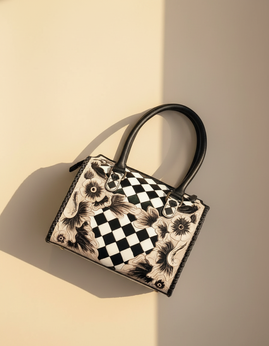 Black and white checkerboard floral hand-tooled barrel bag, detail close-up, by Ya Qalbi