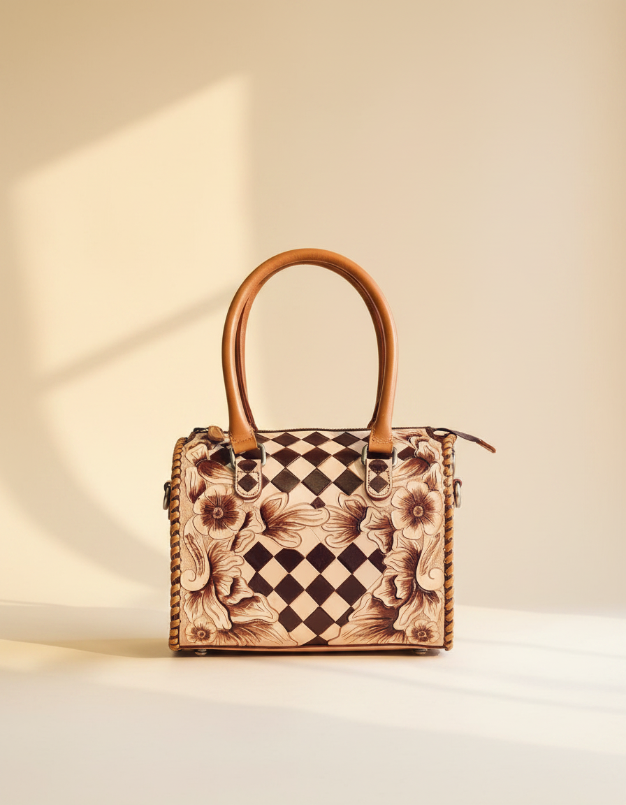 Brown and cream checkerboard floral hand-tooled barrel bag, front view, by Ya Qalbi