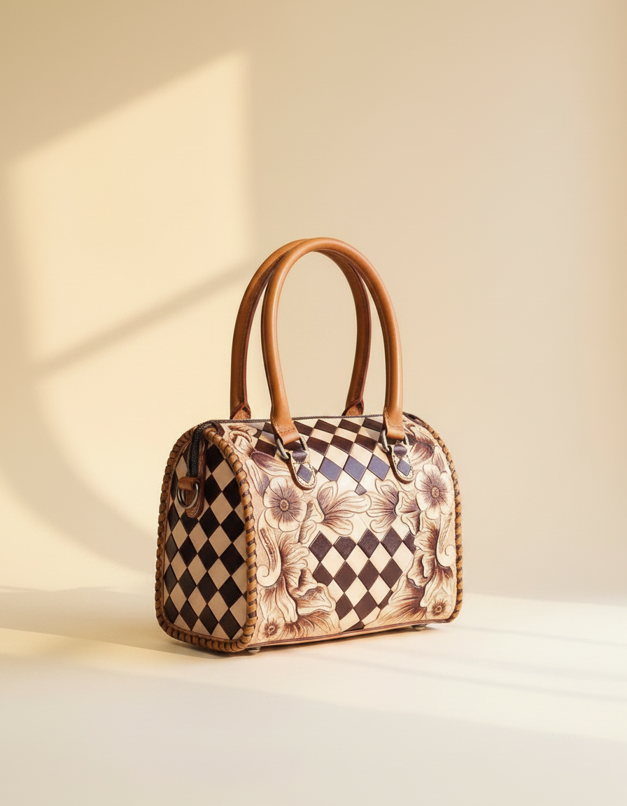 Brown and cream checkerboard floral hand-tooled barrel bag, detail close-up, by Ya Qalbi