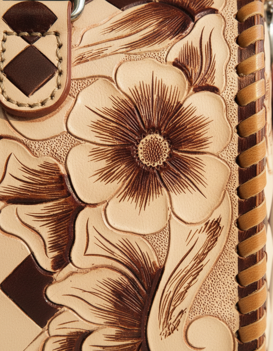 Brown and cream checkerboard floral hand-tooled barrel bag, detail close-up, by Ya Qalbi