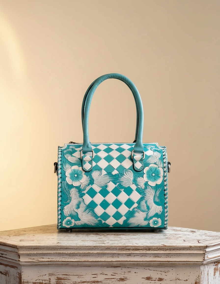 Turquoise checkerboard floral hand-tooled barrel bag, front view, by Ya Qalbi