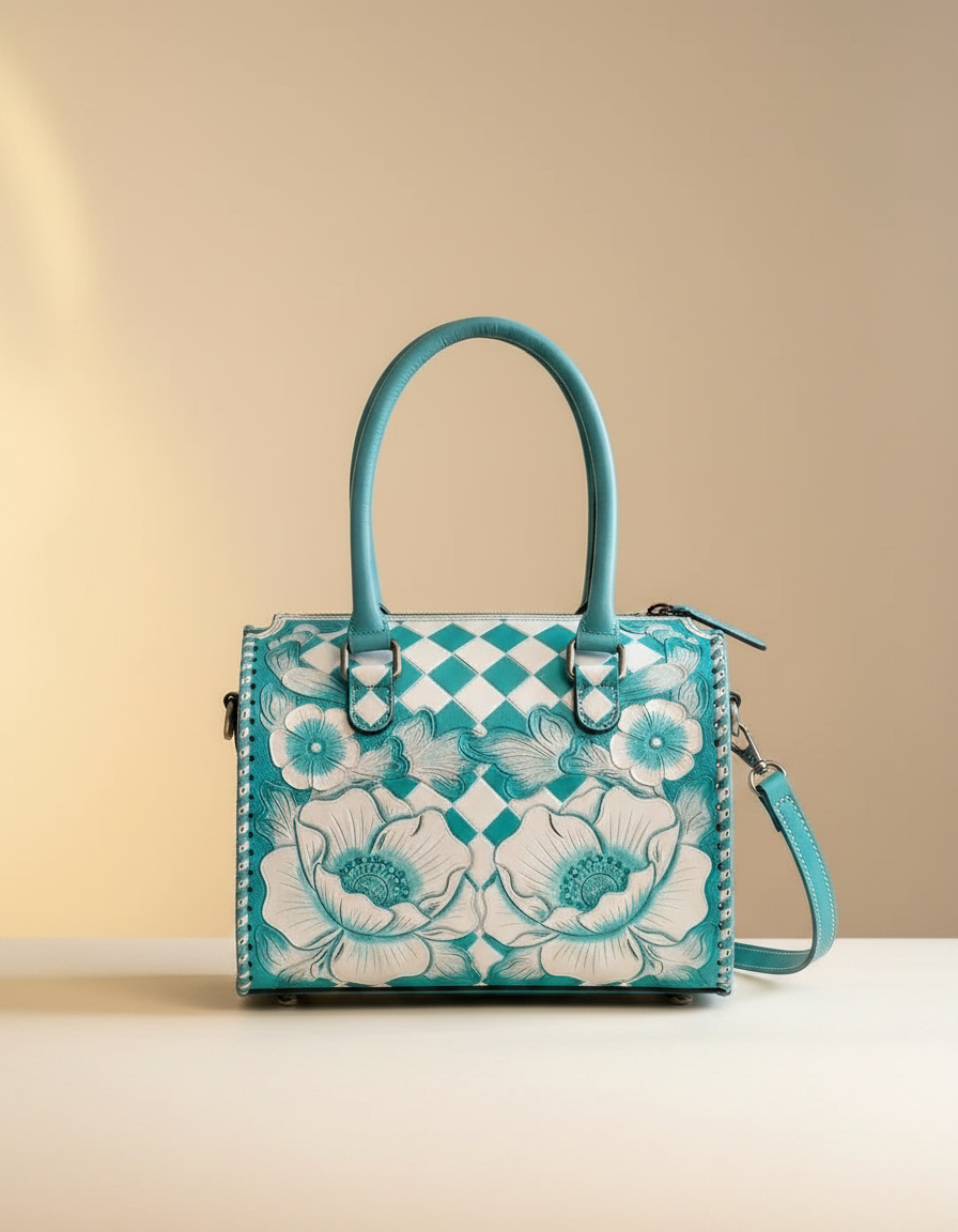 Turquoise checkerboard floral hand-tooled barrel bag, angled view, by Ya Qalbi