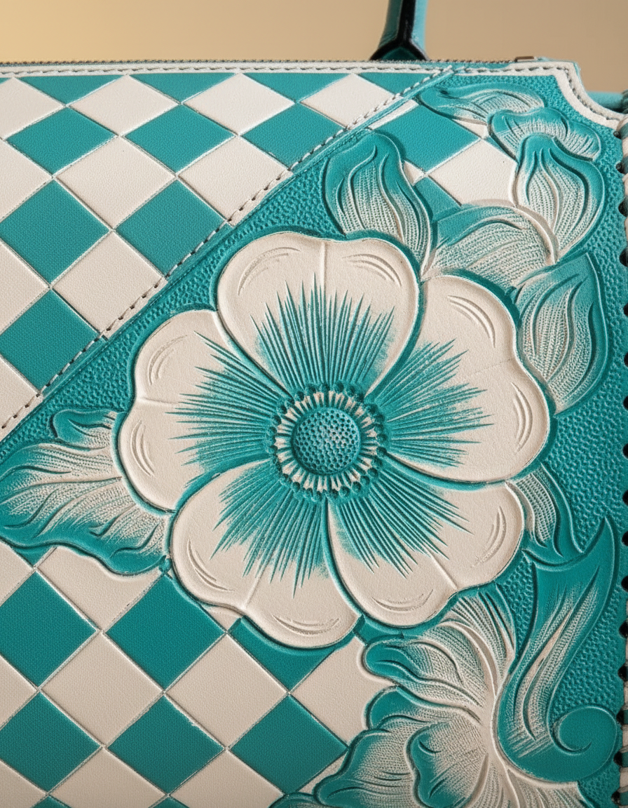 Turquoise checkerboard floral hand-tooled barrel bag, detail close-up, by Ya Qalbi