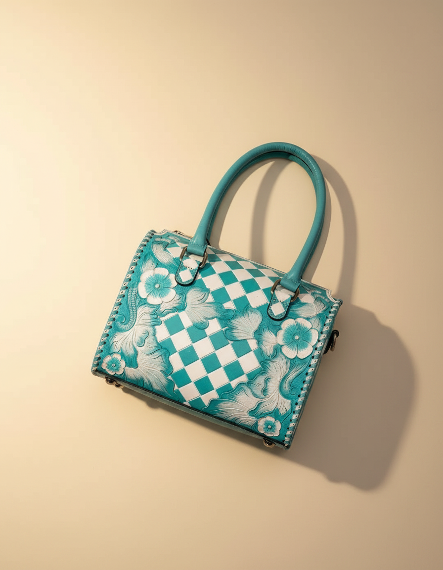 Turquoise checkerboard floral hand-tooled barrel bag, detail close-up, by Ya Qalbi