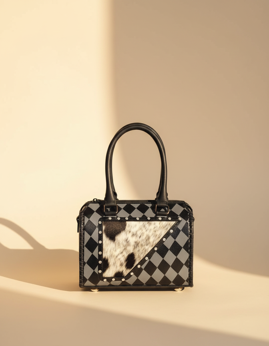 Black and grey checkerboard leather barrel bag with cowhide corner, front view, by Ya Qalbi