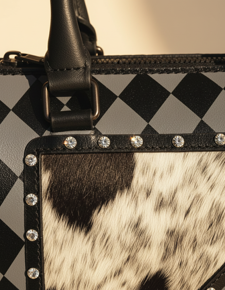 Black and grey checkerboard leather barrel bag with cowhide corner, detail close-up, by Ya Qalbi