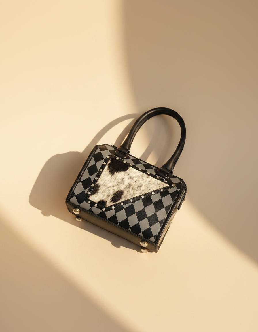 Black and grey checkerboard leather barrel bag with cowhide corner, detail close-up, by Ya Qalbi