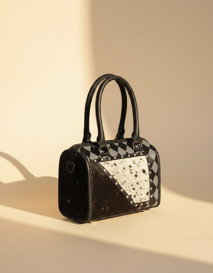 Black and grey checkerboard leather barrel bag with cowhide corner, detail close-up, by Ya Qalbi