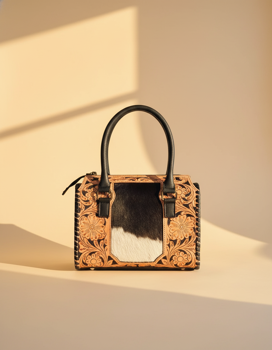 Black tooled leather barrel bag with hair-on cowhide panel, front view, by Ya Qalbi