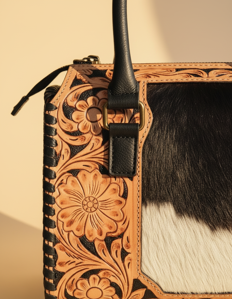 Black tooled leather barrel bag with hair-on cowhide panel, detail close-up, by Ya Qalbi