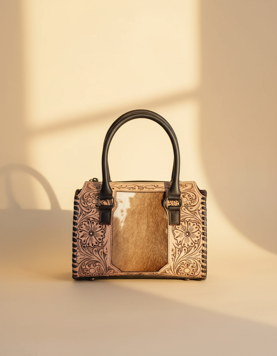 Dark brown tooled leather barrel bag with hair-on cowhide panel, front view, by Ya Qalbi