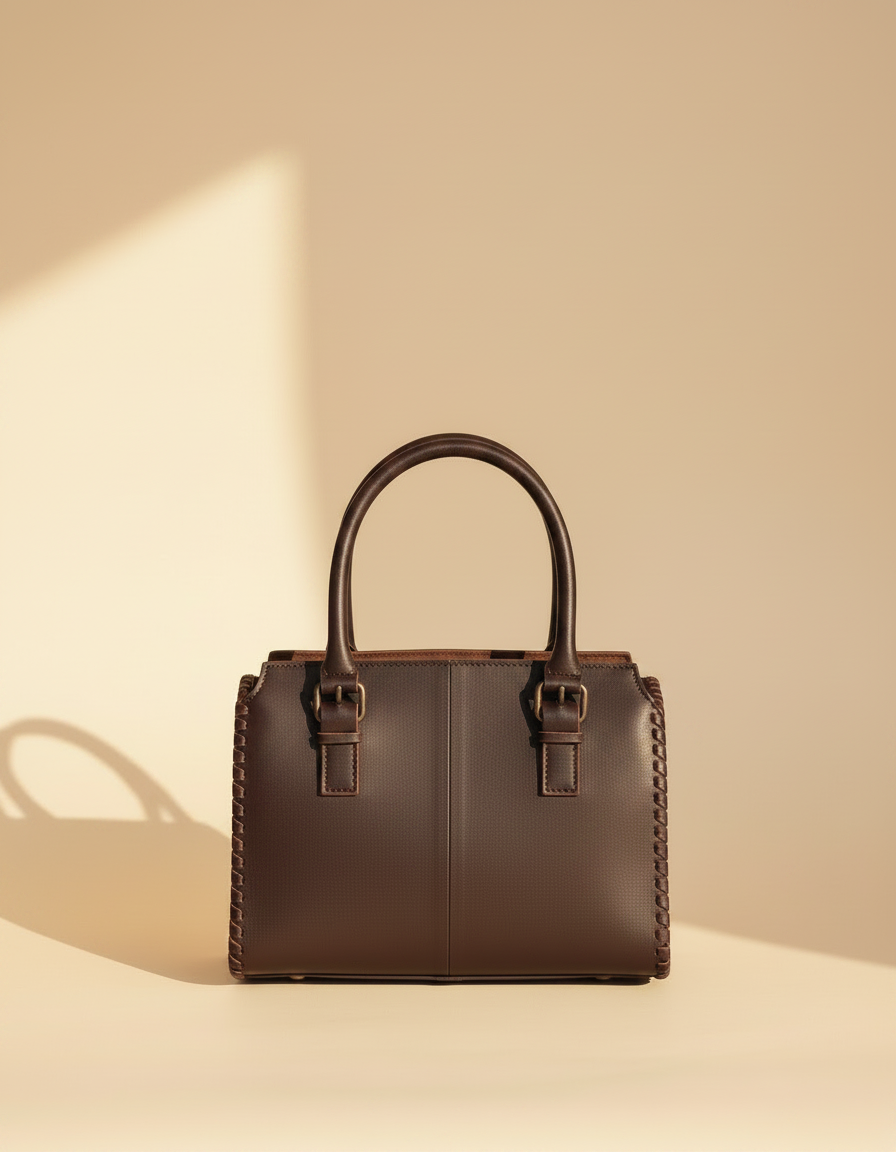 Dark brown tooled leather barrel bag with hair-on cowhide panel, back view, by Ya Qalbi