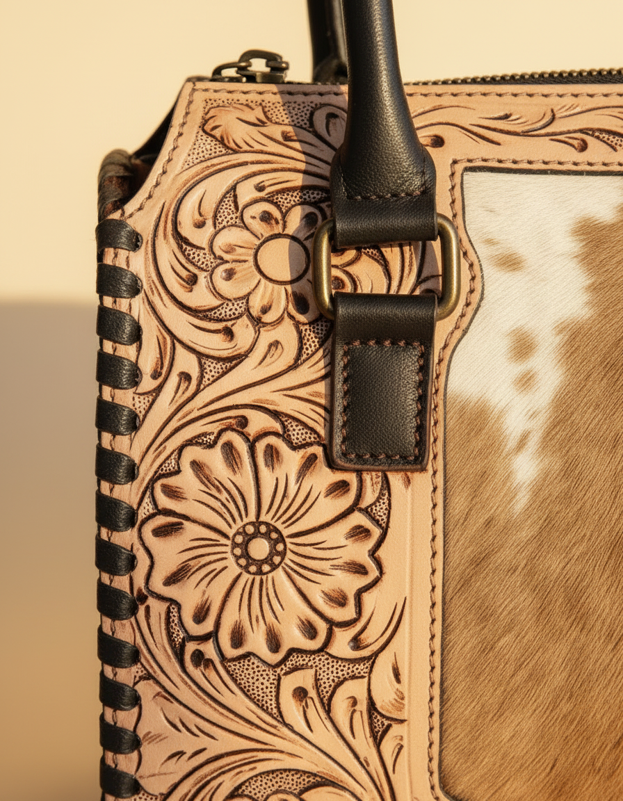 Dark brown tooled leather barrel bag with hair-on cowhide panel, detail close-up, by Ya Qalbi