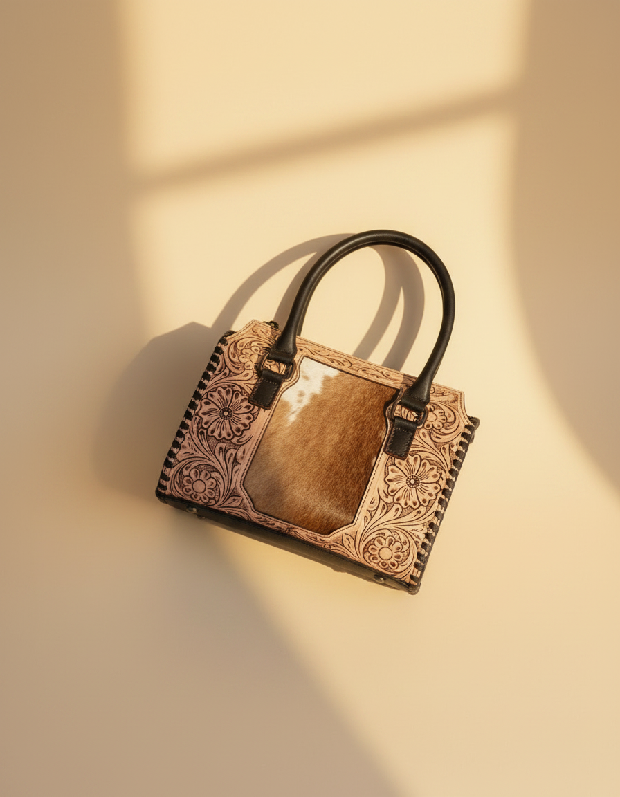 Dark brown tooled leather barrel bag with hair-on cowhide panel, detail close-up, by Ya Qalbi