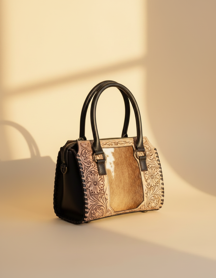 Dark brown tooled leather barrel bag with hair-on cowhide panel, angled view, by Ya Qalbi
