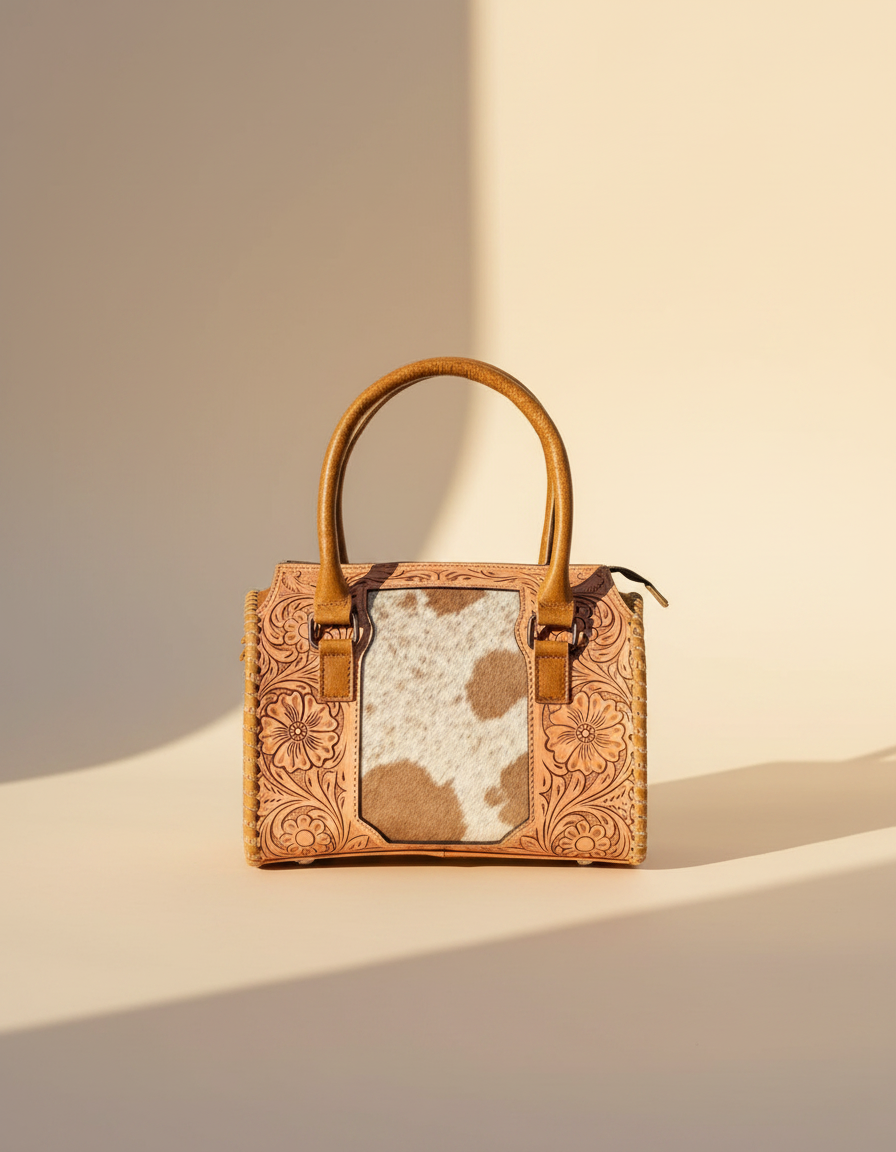 Tan tooled leather barrel bag with hair-on cowhide panel, front view, by Ya Qalbi
