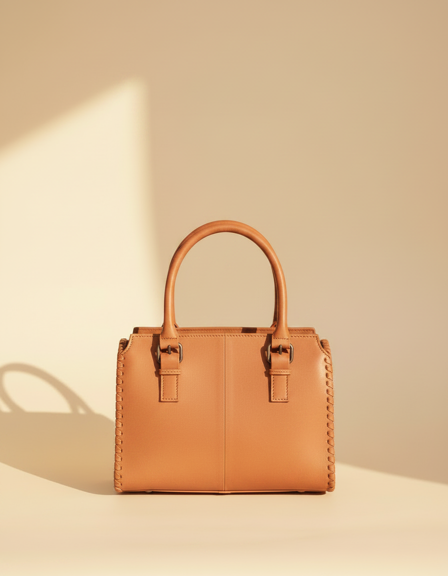 Tan tooled leather barrel bag with hair-on cowhide panel, back view, by Ya Qalbi