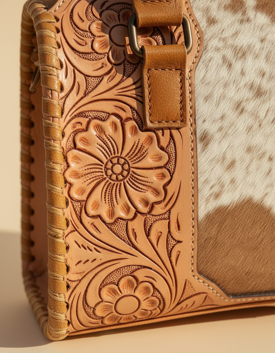 Tan tooled leather barrel bag with hair-on cowhide panel, detail close-up, by Ya Qalbi