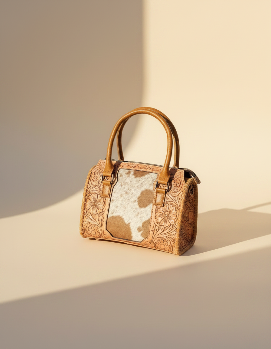 Tan tooled leather barrel bag with hair-on cowhide panel, angled view, by Ya Qalbi