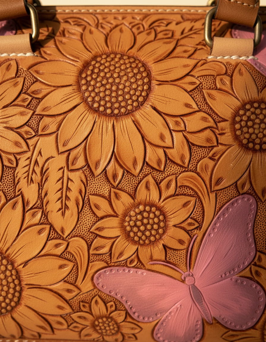 Pink sunflower hand-tooled leather barrel bag with painted butterflies, detail close-up, by Ya Qalbi