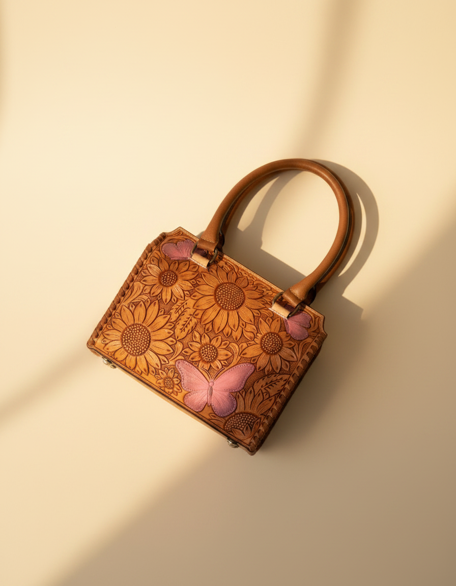 Pink sunflower hand-tooled leather barrel bag with painted butterflies, angled view, by Ya Qalbi