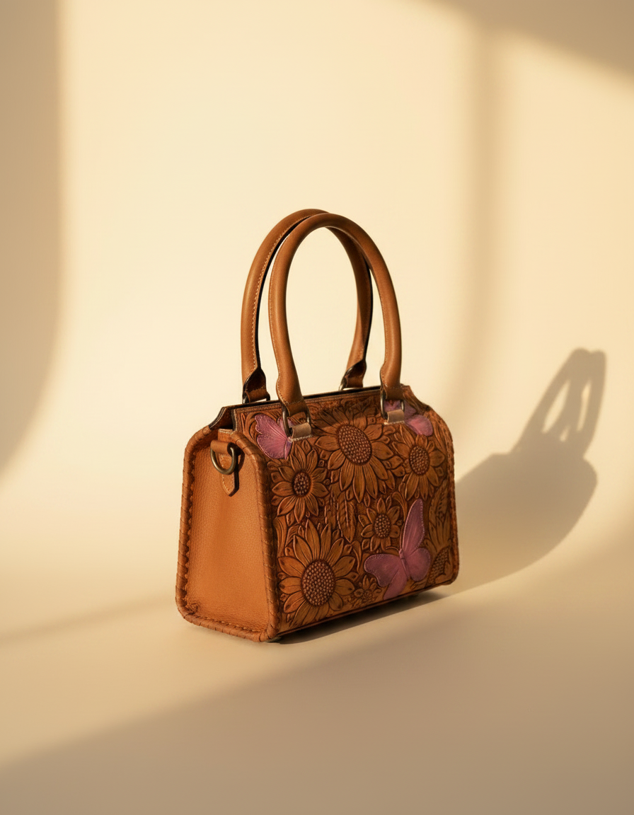 Pink sunflower hand-tooled leather barrel bag with painted butterflies, detail close-up, by Ya Qalbi