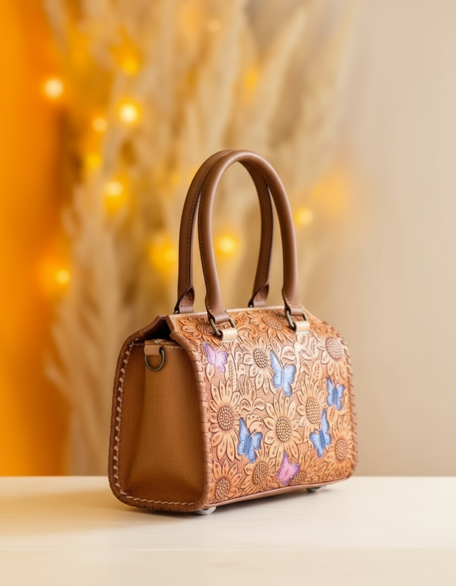 Blue sunflower hand-tooled leather barrel bag with painted butterflies, angled view, by Ya Qalbi