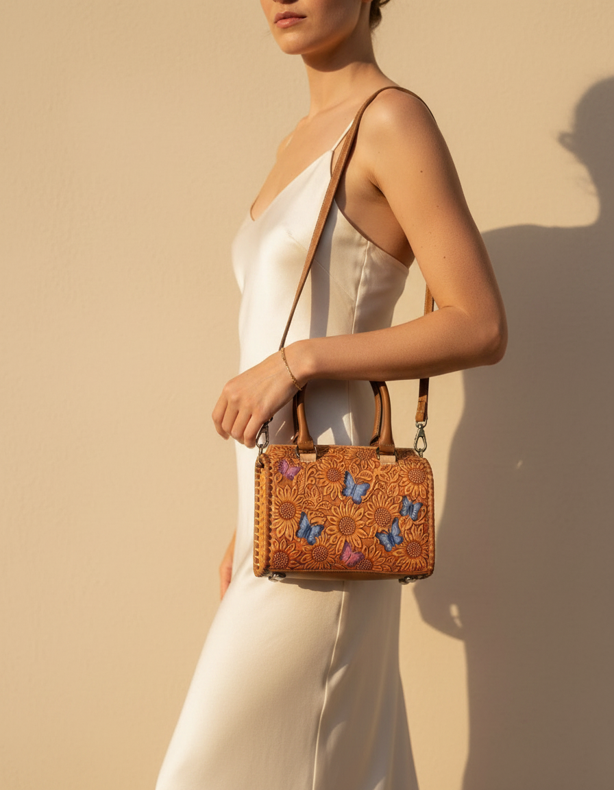 Blue sunflower hand-tooled leather barrel bag with painted butterflies, worn by a model, by Ya Qalbi