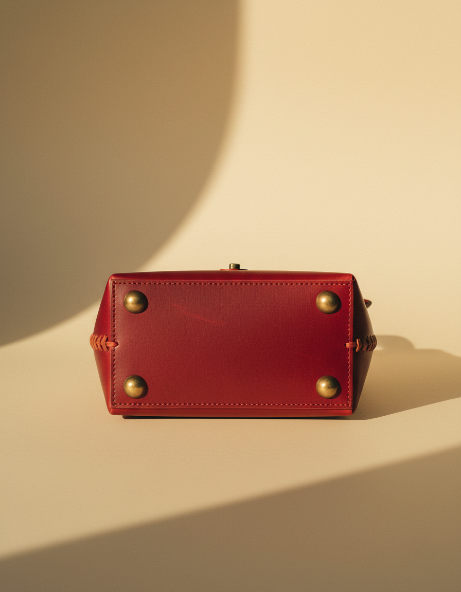 Red leather barrel bag base with four metal studs, by Ya Qalbi