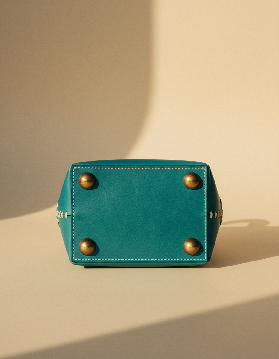 Teal leather barrel bag base with four metal studs, by Ya Qalbi