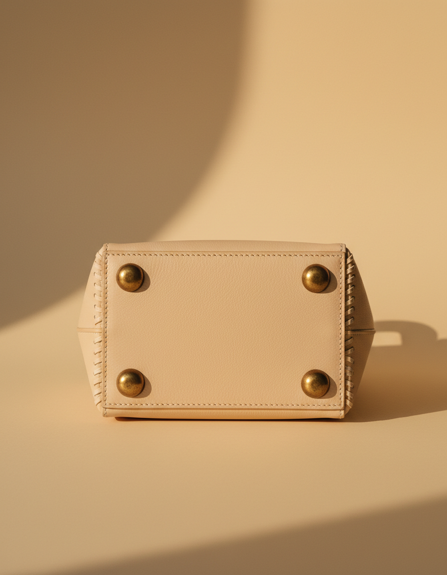 Cream leather barrel bag base with four metal studs, by Ya Qalbi