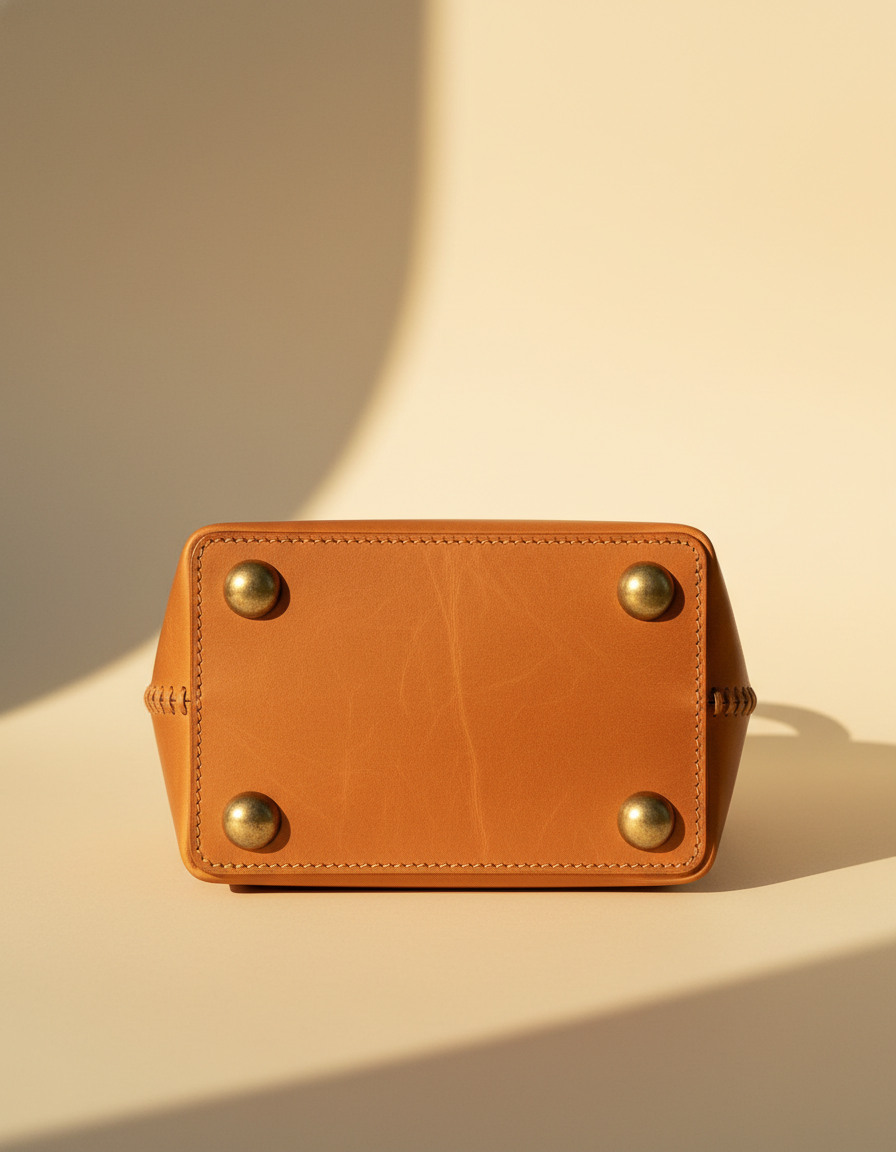 Tan leather barrel bag base with four metal studs, by Ya Qalbi