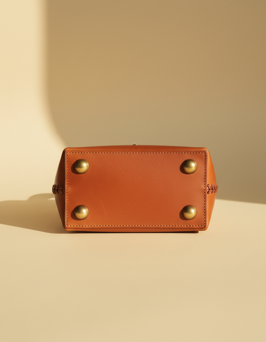 Light tan leather barrel bag base with four metal studs, by Ya Qalbi