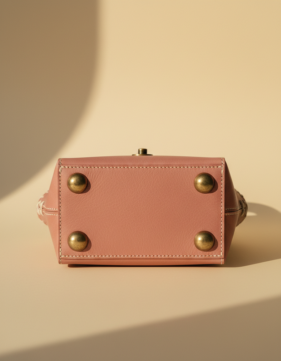 Blush leather barrel bag base with four metal studs, by Ya Qalbi