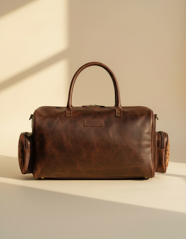 Full-grain hand-tooled leather travel duffle with trolley strap by Ya Qalbi