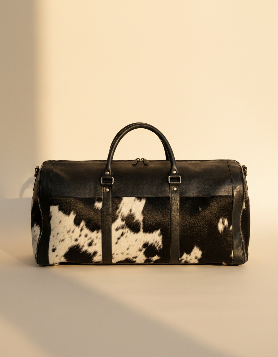 Black leather convertible duffle with black and white hair-on panels, front view