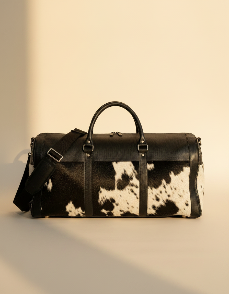 Convertible hair-on leather duffle with protective base studs