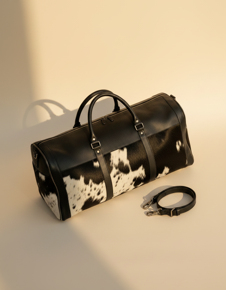 Black and white hair-on convertible duffle, angled view