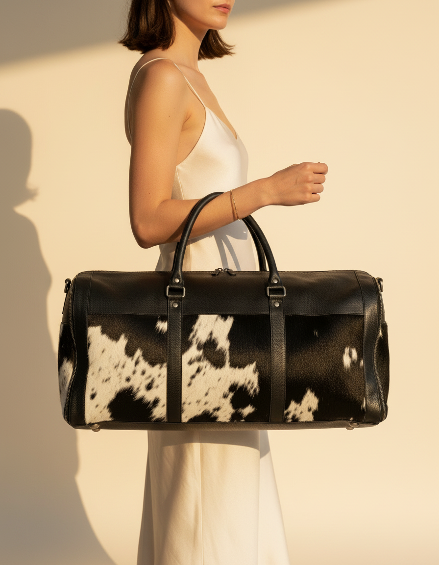 Woman carrying black leather and hair-on convertible garment duffle
