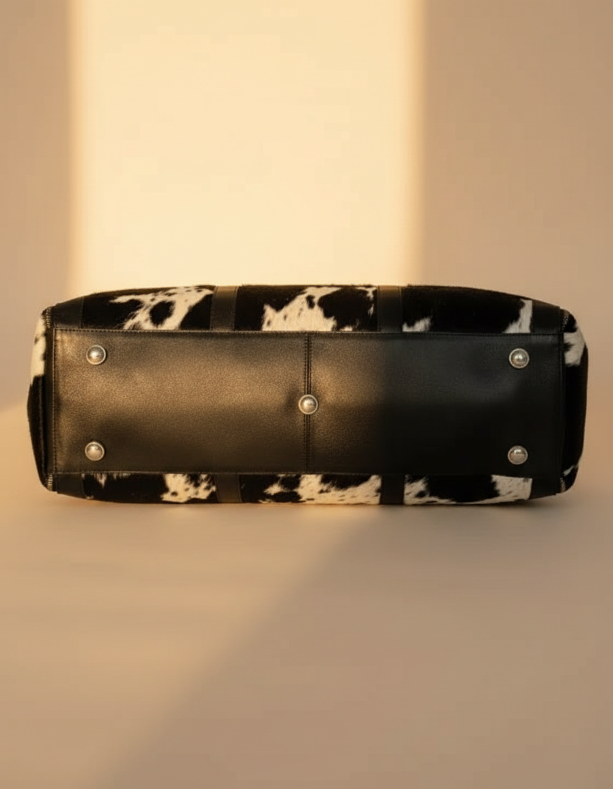 Black leather base of convertible duffle with protective studs