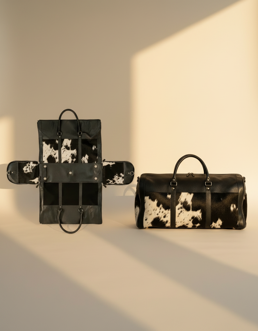 Convertible garment duffle shown unfolded and folded side by side