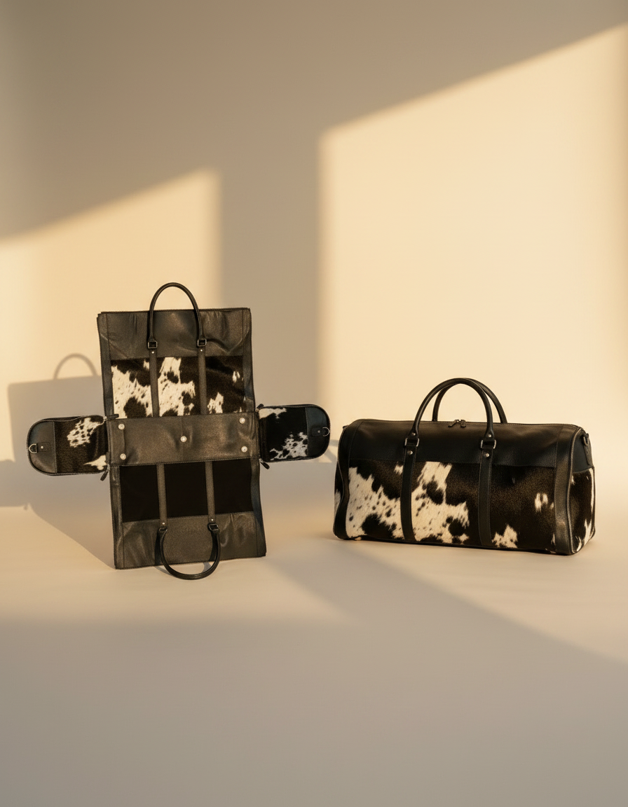 Hair-on convertible duffle opened as a hanging garment bag beside the closed duffle