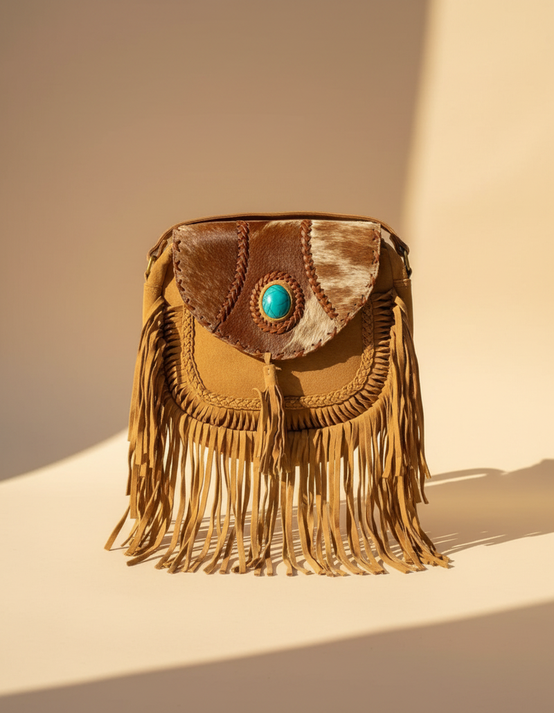 Tan Suede Hair-On Leather Crossbody – Turquoise-Blue Stone and Fringe